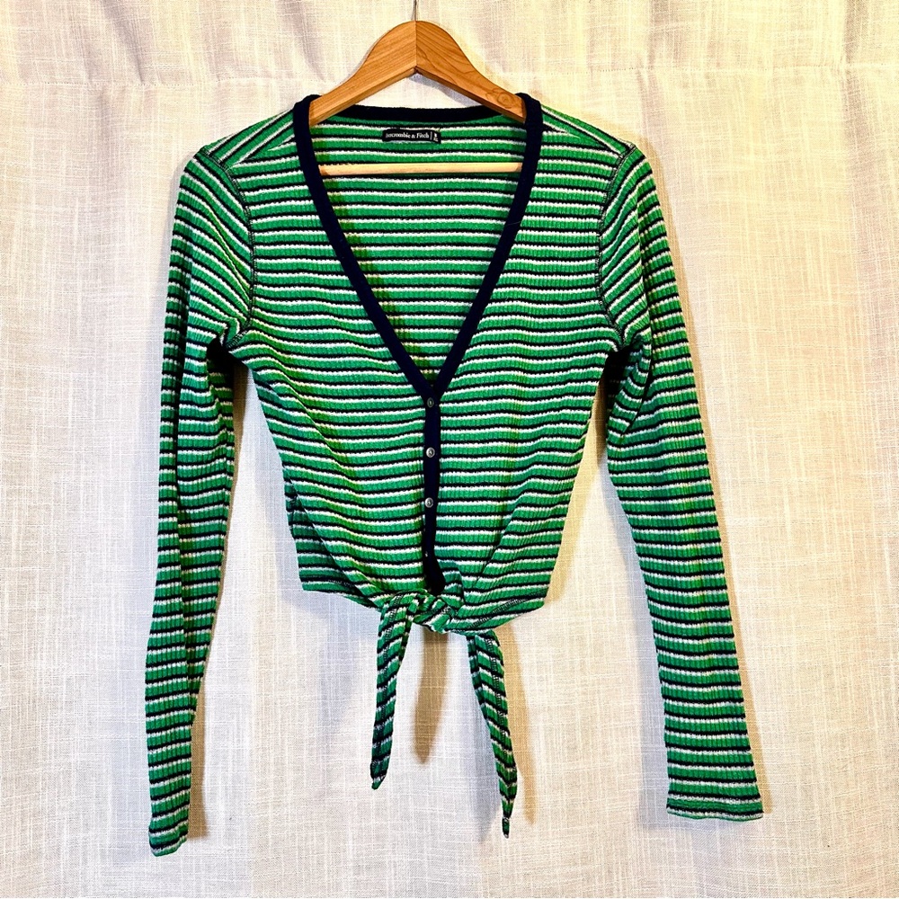 Abercrombie & Fitch Green Striped Cardigan Sweater Tie Front Y2K Preppy Fall 00s
